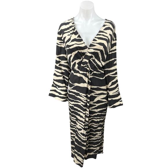 H&M Black Cream Zebra Animal Print V Neck Twist Long Sleeve Maxi Dress Size L - Picture 1 of 5